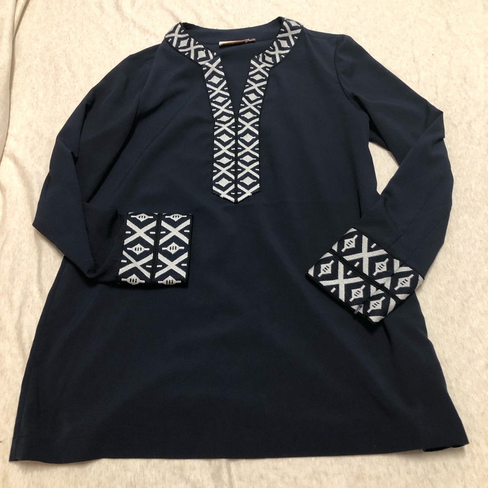Tory Burch Ariana Tunic Top Embroidered Trim Geometric Classic Quiet Luxury